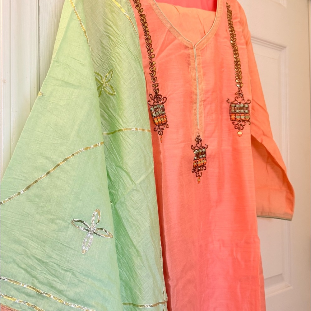 Women salwar kameez set Peach and Green Embroidered Kurta Set